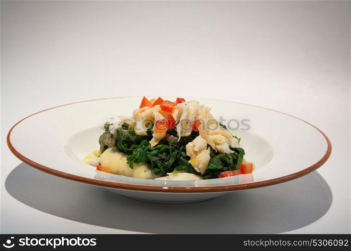 cod fish with greens and sweet mushed potatoes