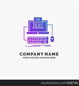 Code, coding, computer, monoblock, screen Purple Business Logo Template. Place for Tagline.. Vector EPS10 Abstract Template background