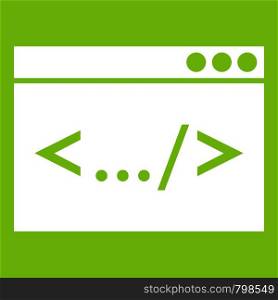 Code window icon white isolated on green background. Vector illustration. Code window icon green