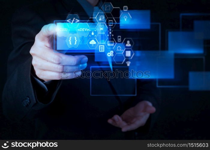 Coding software developer work with augmented reality dashboard computer icons of scrum agile development and code fork and versioning with responsive cybersecurity.businessman hand pushing on a touch screen.