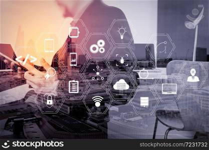 Coding software developer work with augmented reality dashboard computer icons of scrum agile development and code fork and versioning with responsive cybersecurity.businessman working with smart phone.
