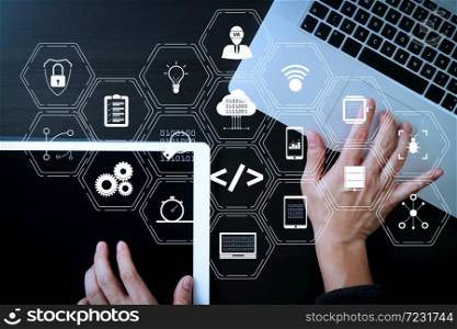 Coding software developer work with augmented reality dashboard computer icons of scrum agile development and code fork and versioning with responsive cybersecurity.Businessman hand working with laptop computer.