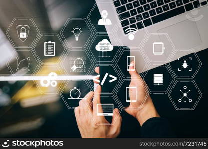 Coding software developer work with augmented reality dashboard computer icons of scrum agile development and code fork and versioning with responsive cybersecurity.Businessman hand working with VR screen padlock.