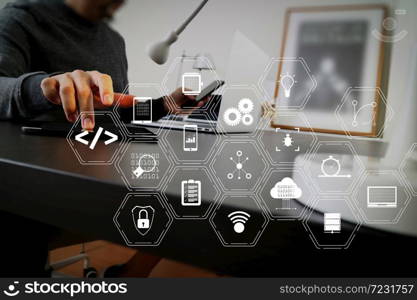 Coding software developer work with augmented reality dashboard computer icons of scrum agile development and code fork and versioning with responsive cybersecurity.businessman working with smart phone.