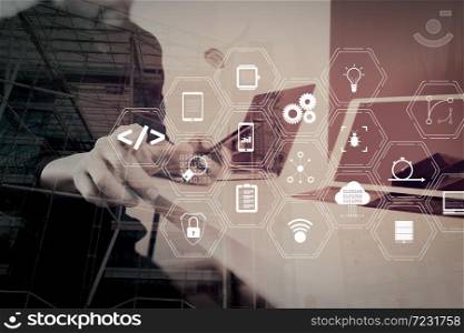 Coding software developer work with augmented reality dashboard computer icons of scrum agile development and code fork and versioning with responsive cybersecurity.businessman working with smart phone.