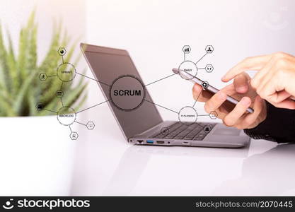 Coding software developer work with augmented reality dashboard computer icons with responsive cybersecurity.Businessman hand working