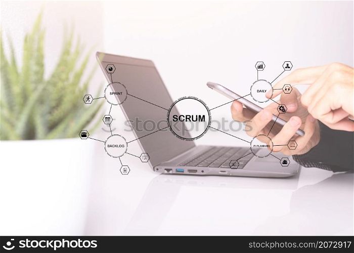 Coding software developer work with augmented reality dashboard computer icons with responsive cybersecurity.Businessman hand working