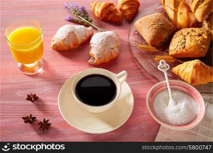 Coffe breakfast with orange juice croissant bread and yogurt
