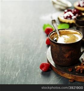 Coffe with Fruit dessert on dark background