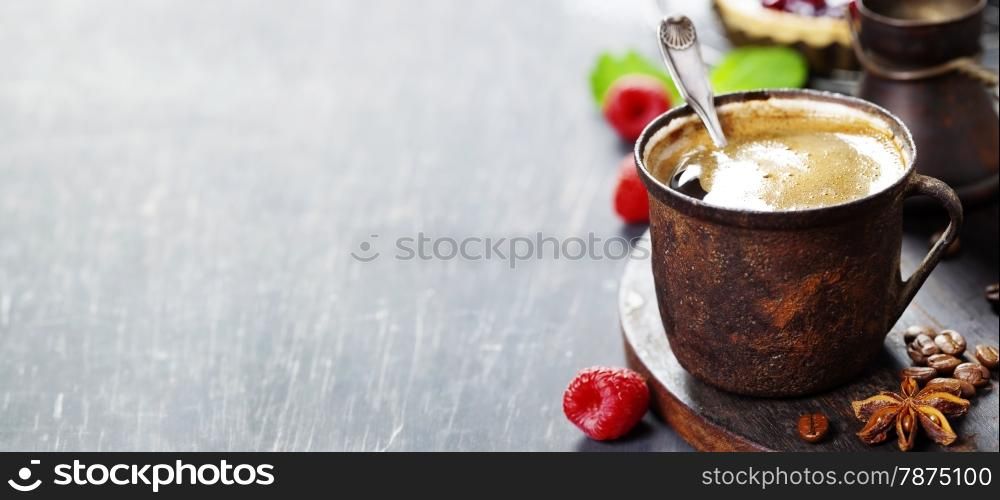Coffe with Fruit dessert on dark background