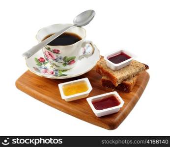 coffee and bread with jelly on white background
