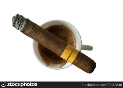 Coffee and cigar on white isolated background