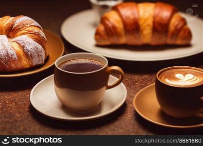 Coffee and croissant on table for restaurant menu 3d illustrated