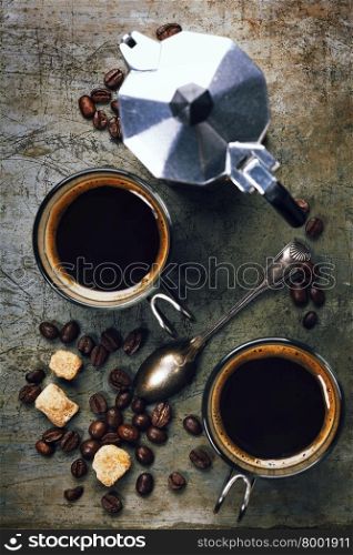 Coffee and Espresso maker on vintage background