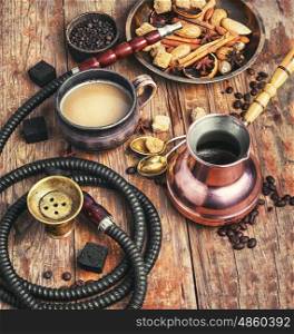 Coffee and hookah. Arab shisha with coffee flavor vintage style