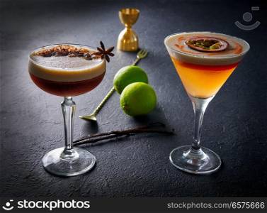 Coffee and Mango cocktails with passion fruit maracuya