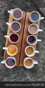 Coffee and tea testing on the wood table Bali, Indonesia