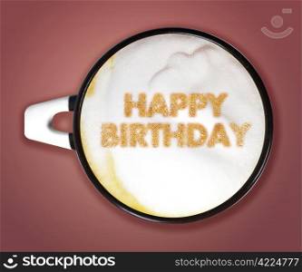 coffee art, A cup of cappuccino with Happy Birthday on Pink background. . coffee art