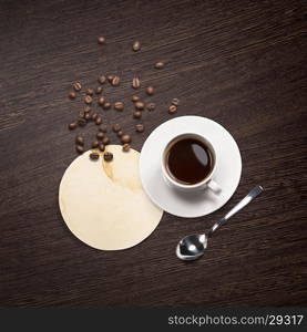 coffee attributes on a wooden background. Top view of coffee attributes on a wooden background