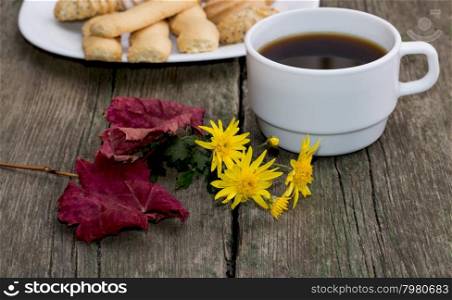 coffee, autumn leaf, flower and plate with sweets, a subject fall, food and drinks