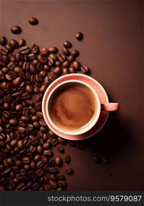 Coffee background. Top view. Cup of Coffee and coffee beans on a dark background with copy space. Coffee background. Top view. Cup of Coffee and coffee beans on a dark background with copy space.