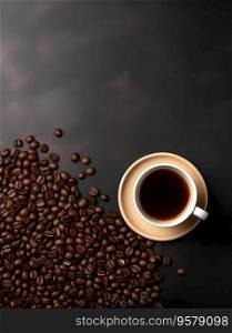 Coffee background. Top view. Cup of Coffee and coffee beans on a dark background with copy space. Coffee background. Top view. Cup of Coffee and coffee beans on a dark background with copy space.