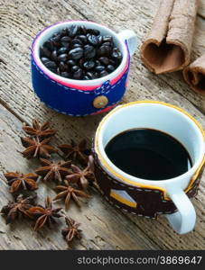 Coffee background with coffee cup, coffee bean on wooden background, beautiful and amazing concept, cafe is drinking that rich caffeine, stimulate to sense, mind