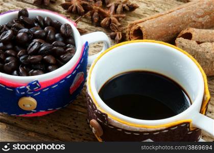 Coffee background with coffee cup, coffee bean on wooden background, beautiful and amazing concept, cafe is drinking that rich caffeine, stimulate to sense, mind