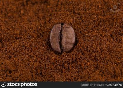 Coffee bean on heap of ground coffee close-up.