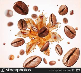 coffee bean with splash of Coffee, coffee bean and Splash with clipping path, 3d illustration