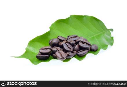coffee beans and coffee leaf on white background.