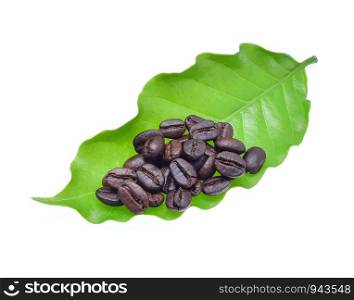 coffee beans and coffee leaf on white background.