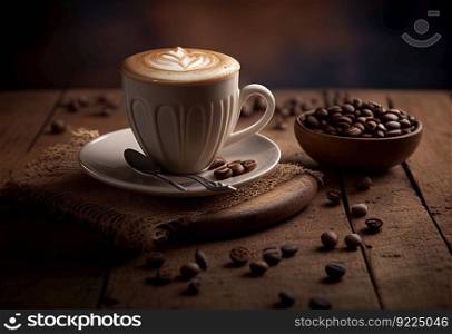 Coffee beans and cup of latte on wooden table illustration. AI generative.