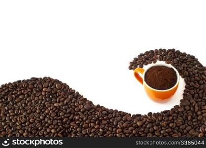 coffee beans and ground coffee on a white background