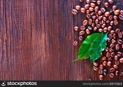 coffee beans and leaf on the wooden table