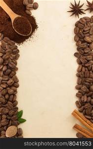 coffee beans and parchment as background