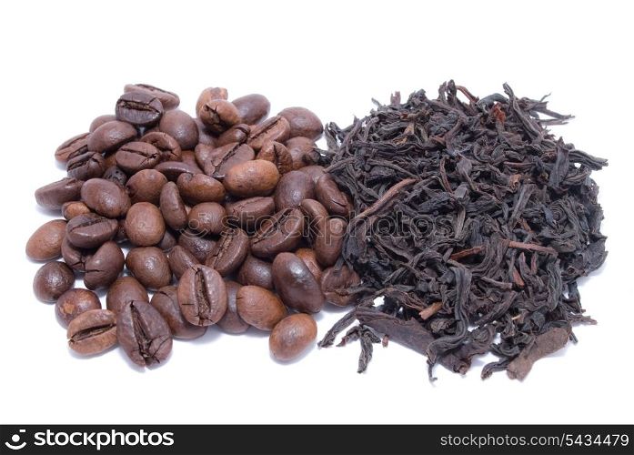 Coffee beans and tea leafs isolated