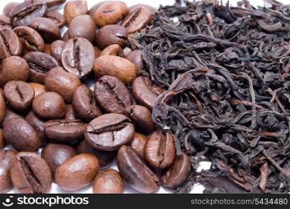 Coffee beans and tea leafs macro