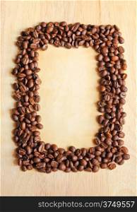 Coffee beans as frame with old paper for notes on the wooden background
