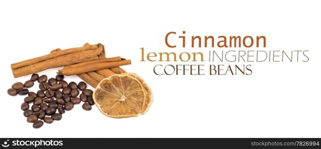 coffee beans, cinnamon and lemon isolated on white