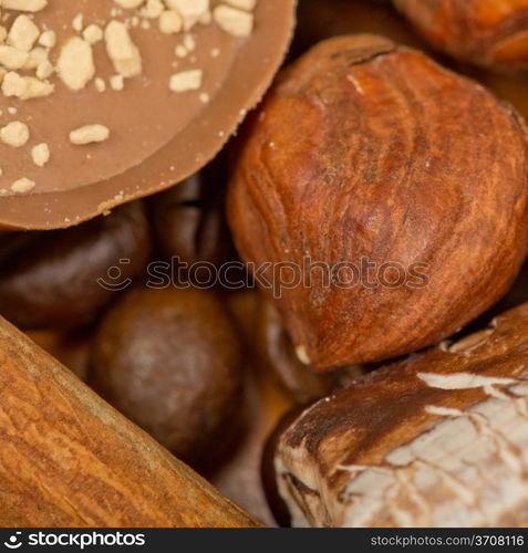 coffee beans, cinnamon and nuts