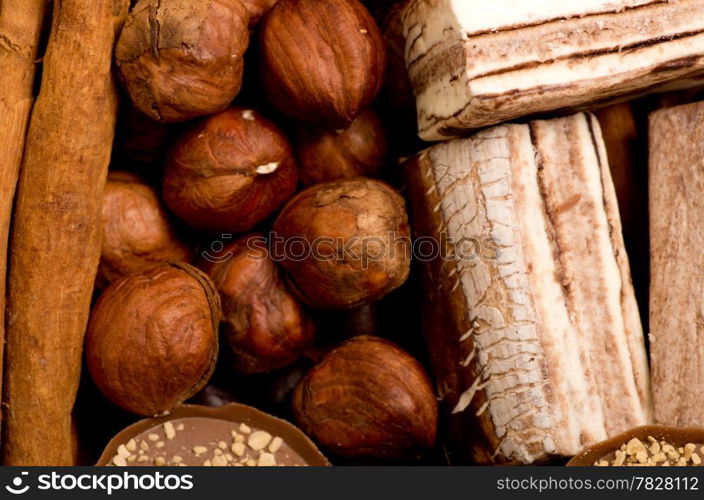 coffee beans, cinnamon and nuts