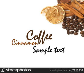 Coffee beans, cinnamon, lemon and sweets over white with a space for Your text