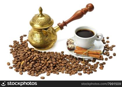 coffee beans, coffeepot and cup isolated on white background