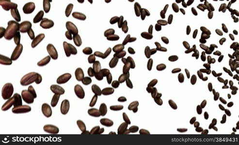 Coffee beans falling down with slow motion over white