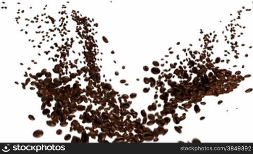 Coffee beans flow with slow motion over white