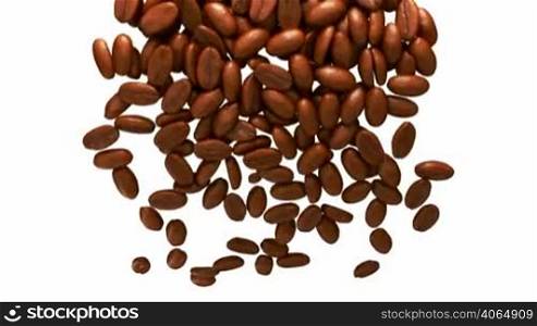 Coffee beans flow with slow motion over white