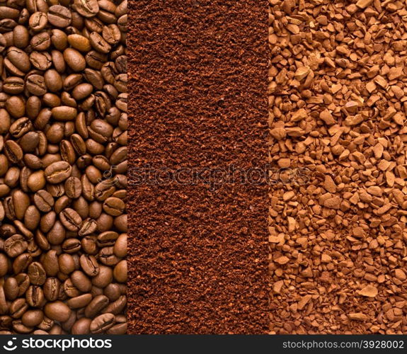 coffee beans, ground coffee and instant coffee background