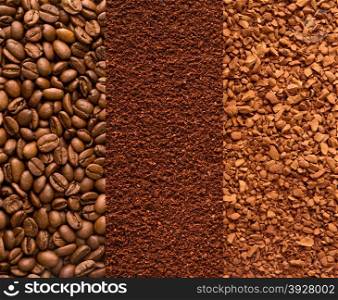 coffee beans, ground coffee and instant coffee background