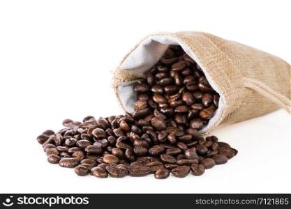 Coffee beans in a sack on a white background.
